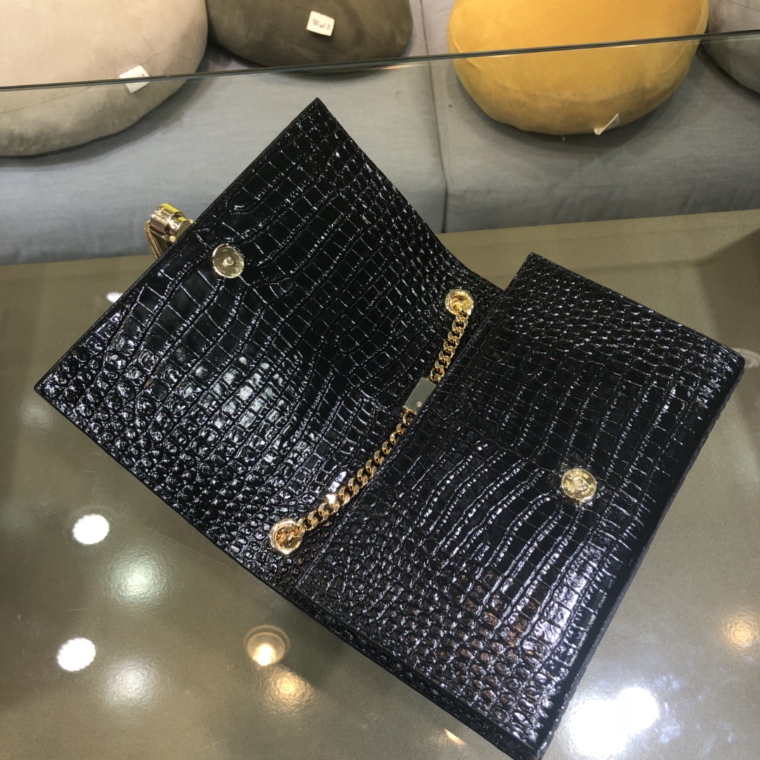 Saint Laurent Kate Tassel Small Crocodile Embossed Calfskin Shoulder Bag Handbag Black 474366 Gold